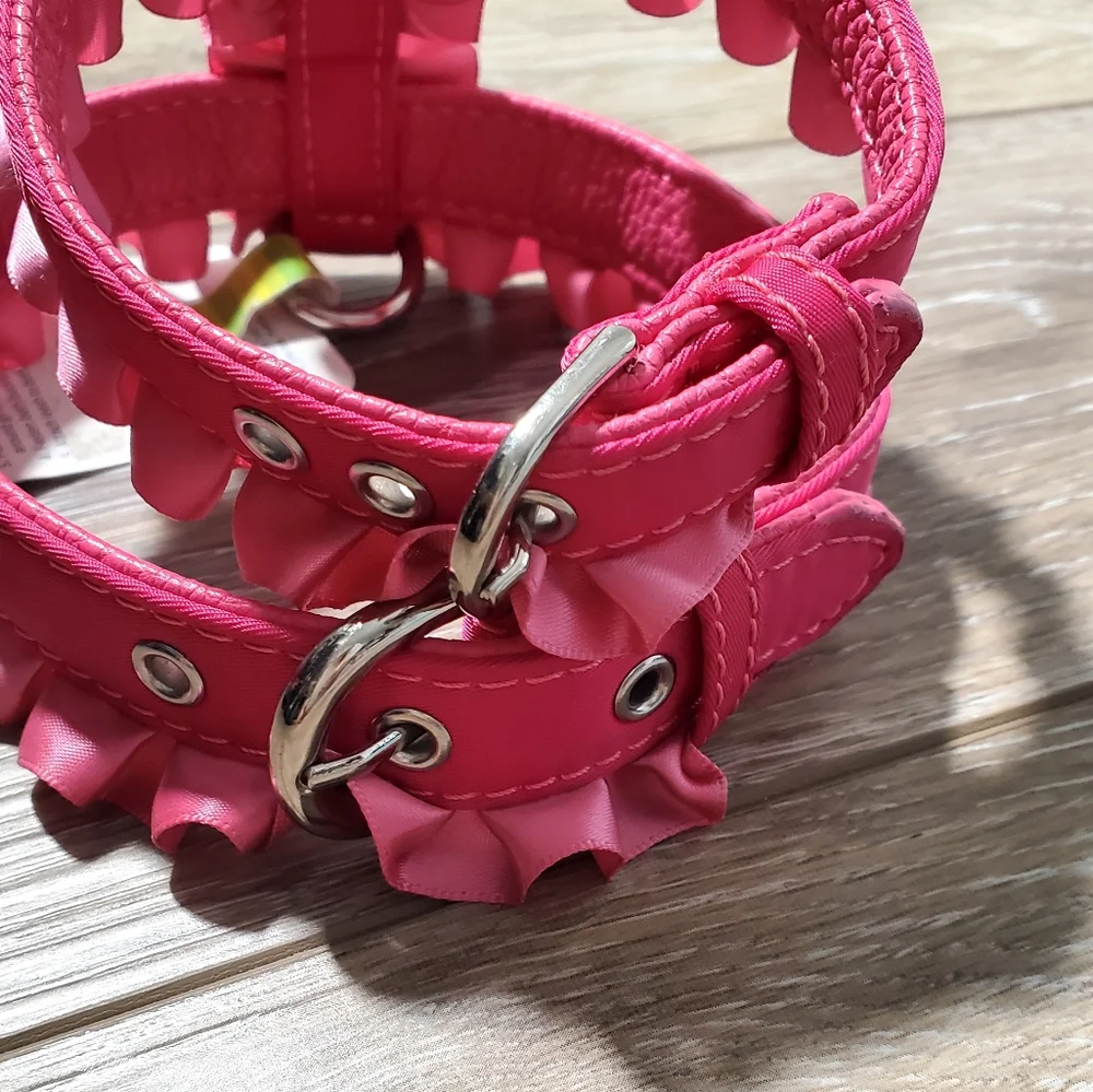 Hot Pink Ruffled Rhinestone Dog Harness With Silver Buckles Size XS